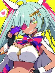 Rule 34 | 1girl, aqua hair, black gloves, breasts, cleavage, colored eyepatch, dark-skinned female, dark skin, eyepatch, fingerless gloves, gloves, green eyes, hair between eyes, hair ornament, hand on own hip, heart, highres, holding, hybrid monster, large breasts, looking at viewer, multicolored hair, mzh, nail polish, original, pink hair, pink nails, solo, spoken heart, twintails, upper body, yellow background