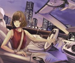 Rule 34 | 1girl, :q, bad id, bad pixiv id, brown eyes, brown hair, brown skirt, building, car, car interior, cigarette, driving, dusk, highres, koh (minagi kou), left-hand drive, long skirt, looking at viewer, looking to the side, mercedes benz s65 amg cabriolet, motor vehicle, night, original, pov, purple sky, red shirt, seatbelt, shirt, short hair, sitting, skirt, sky, skyline, sleeveless, sleeveless shirt, smoke, solo, tongue, tongue out, watch, wristwatch