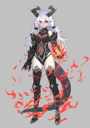 Rule 34 | 1girl, absurdres, armored boots, black footwear, black leotard, boots, breasts, breasts apart, closed mouth, dragon girl, dragon tail, fire, full body, gauntlets, gluteal fold, grey background, hair between eyes, highres, horns, leotard, long hair, looking at viewer, medium breasts, original, pointy ears, red eyes, silver hair, simple background, sion (9117), sketch, solo, standing, tail, thigh boots, thighhighs, very long hair