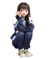 Rule 34 | 1girl, brown eyes, brown hair, copyright request, heo sung-moo, highres, light smile, looking at viewer, mole, mole under eye, shoes, simple background, smile, sneakers, squatting, track suit, white background, white footwear