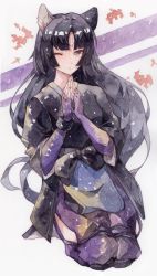Rule 34 | 1girl, animal ear fluff, animal ears, arknights, black hair, brown eyes, cotayomengmiao, dog ears, fingerless gloves, gloves, highres, japanese clothes, kimono, long hair, looking at viewer, one eye closed, open mouth, parted bangs, praying, purple legwear, saga (arknights), scar, scar on face, scar on forehead, seiza, side slit, simple background, sitting, solo, white background