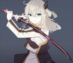 Rule 34 | 1girl, black background, blue eyes, commentary request, duel monster, hair ribbon, holding, holding sword, holding weapon, ieufg, katana, long sleeves, looking at viewer, ribbon, signature, simple background, sky striker ace - raye, solo, sword, weapon, white hair, yu-gi-oh!