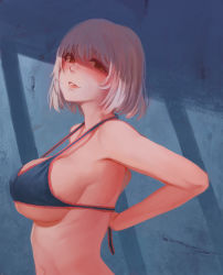 Rule 34 | 10s, 1girl, arms behind back, bare arms, bare shoulders, black bra, blush, bra, breasts, brown eyes, cleavage, from side, head tilt, highres, large breasts, light smile, lingerie, looking at viewer, navel, noccu, shaded face, short hair, sideboob, silver hair, solo, stomach, sunlight, teeth, tonari no seki-kun, underwear, underwear only, undressing, upper body, wall, yokoi rumi
