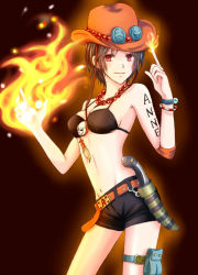 Rule 34 | 1girl, arm tattoo, bad id, bad pixiv id, bag, belt, belt buckle, bikini, black background, black bra, black hair, bra, bracelet, breasts, buckle, character name, closed mouth, facing viewer, fire, genderswap, genderswap (mtf), glowing, hands up, happy, hat, hat ornament, index finger raised, jewelry, knife, log pose, looking at viewer, medium breasts, midriff, navel, necklace, one piece, portgas d. ace, portgas d. anne, red eyes, sheath, sheathed, short hair, short shorts, shorts, simple background, skull, smile, solo, stampede string, standing, swimsuit, tattoo, thigh strap, underwear, weapon, yuzuame