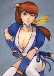 Rule 34 | 1girl, breasts, brown eyes, brown hair, choker, cleavage, dead or alive, female focus, hair ribbon, highres, kasumi (doa), large breasts, lips, long hair, matching hair/eyes, ponytail, rangsan, ribbon, sheath, sheathed, short sleeves, solo, sword, thighhighs, weapon, white choker, white thighhighs, yellow ribbon