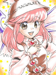 Rule 34 | 1girl, :d, alternate hair length, alternate hairstyle, animal ears, arm garter, bad id, bad pixiv id, brown eyes, faux traditional media, female focus, hand on own chest, hat, long sleeves, mystia lorelei, open mouth, pink hair, short hair, smile, solo, star (symbol), touhou, wings, yamami-hosyo
