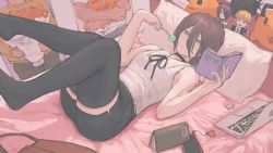 Rule 34 | 1girl, 900p, absurdres, bedroom, black choker, black hair, black ribbon, black shorts, black thighhighs, blush, book, breasts, candy, cellphone, chainsaw man, character doll, choker, closed mouth, collared shirt, commentary, computer, denji (chainsaw man), food, full body, green eyes, hair between eyes, highres, holding, holding book, holding candy, holding food, holding lollipop, huge filesize, charm (object), laptop, legs up, lollipop, looking at viewer, lying, medium breasts, neck ribbon, on back, on bed, phone, pillow, pochita (chainsaw man), pocketbook, poster (object), reze (chainsaw man), ribbon, shirt, shirt tucked in, short hair, short shorts, shorts, sleeveless, sleeveless shirt, smartphone, smile, solo, stuffed toy, thighhighs, usb, white shirt, zettai ryouiki