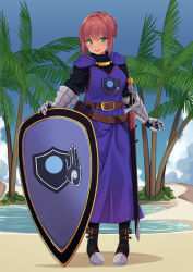 Rule 34 | 1girl, armor, beach, belt, blush, breasts, brown belt, cape, commission, day, fantasy, female knight, full body, green eyes, highres, kaosu kun, knight, large breasts, looking at viewer, original, palm tree, parted lips, red hair, sheath, sheathed, shield, short hair, smile, solo, surcoat, sword, tan, teeth, tree, upper teeth only, weapon