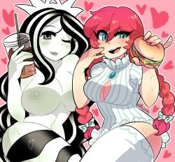 Rule 34 | 2girls, absurdres, artist name, blue eyes, blush, bow, breasts, burger, cleavage, cleavage cutout, clothing cutout, drink, dripping, food, freckles, hair bow, heart, heart background, highres, holding, holding food, kaibuzetta, large breasts, multicolored hair, multiple girls, one eye closed, open mouth, product girl, red hair, shadow, sidelocks, starbucks, starbucks siren, stb-chan, striped clothes, striped legwear, striped thighhighs, thighhighs, topless, wendy&#039;s, wendy (wendy&#039;s)