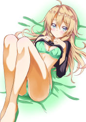 Rule 34 | 10s, 1girl, absurdres, ahoge, bad id, bad pixiv id, blonde hair, blue eyes, blush, bra, breasts, cleavage, clothes lift, embarrassed, full body, green bra, green panties, highres, large breasts, looking at viewer, lying, nanakusa (user rnpt7322), new game!, on back, panties, shirt lift, solo, underwear, yagami kou