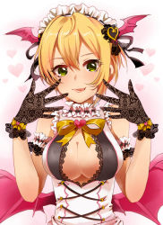 Rule 34 | 10s, 1girl, arm garter, bare shoulders, black gloves, blonde hair, blush, bow, breasts, cleavage, cleavage cutout, clothing cutout, demon wings, gloves, green eyes, head wings, headdress, heart, idolmaster, idolmaster cinderella girls, idolmaster cinderella girls starlight stage, lace, lace gloves, lace trim, large breasts, licking lips, looking at viewer, masaki (celesta), miyamoto frederica, multiple wings, short hair, simple background, sleeveless, smile, solo, tongue, tongue out, upper body, wings