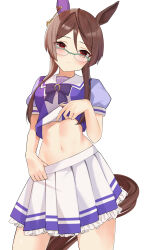 Rule 34 | 1girl, absurdres, animal ears, astroglia cyte, blush, breasts, brown hair, closed mouth, clothes lift, commentary request, embarrassed, glasses, hair between eyes, hair ornament, highres, horse ears, horse girl, long hair, looking at viewer, medium breasts, navel, ribbon, royce and royce (umamusume), school uniform, solo, tracen school uniform, umamusume, white background