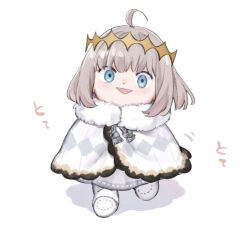 Rule 34 | 1boy, ahoge, black cape, black trim, blonde hair, blue eyes, boots, cape, chibi, commentary request, crown, diamond (shape), diamond crown, diamond hairband, diamond print, dot nose, dress, fate/grand order, fate (series), full body, fur-trimmed cape, fur trim, grey cape, hat, looking at viewer, male focus, medium hair, multicolored cape, multicolored clothes, oberon (fate), open mouth, sausu hitori, solo, standing, tagme, triangle mouth, white background, white cape, white dress, white footwear, yellow hat