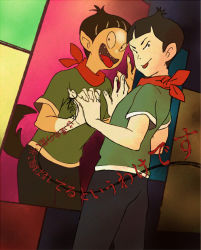 Rule 34 | 2boys, black hair, different reflection, dog tail, dual persona, fangs, fingernails, futarou (1214), interlocked fingers, looking at viewer, multiple boys, ozu (yojouhan), pointy ears, reflection, scarf, sharp fingernails, shirt, short hair, smile, spoilers, string around finger, t-shirt, tail, tongue, tongue out, translation request, yojouhan shinwa taikei