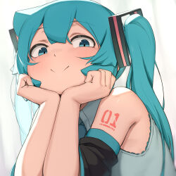 Rule 34 | 1girl, :&gt;, abmayo, bare shoulders, blush, detached sleeves, green eyes, grey shirt, hair between eyes, hair ornament, hands on own chin, hatsune miku, head rest, highres, long hair, looking at viewer, necktie, number tattoo, shiny skin, shirt, shoulder tattoo, simple background, smile, solo, tattoo, twintails, upper body, vocaloid, white background