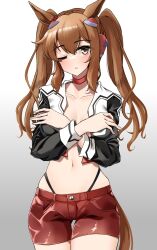 Rule 34 | 1girl, animal ears, blush, brown eyes, brown hair, collarbone, covering privates, covering breasts, crop top, curren mirotic (racehorse), hair ornament, highres, horse ears, horse girl, horse tail, komb, looking at viewer, medium hair, navel, one eye closed, shorts, simple background, solo, tail, twintails, umamusume, white background