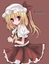 Rule 34 | 1girl, ascot, bad id, bad pixiv id, blonde hair, blush, character name, female focus, flandre scarlet, hat, hat ribbon, highres, kohinata hoshimi, open mouth, puffy sleeves, red eyes, ribbon, short hair, short sleeves, side ponytail, solo, touhou