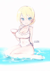 Rule 34 | 10s, 1girl, 2014, absurdres, artist name, bare legs, blonde hair, blue eyes, braid, breasts, casual one-piece swimsuit, cleavage, covered navel, cup, darjeeling (girls und panzer), dated, frilled swimsuit, frills, girls und panzer, highres, large breasts, looking at viewer, one-piece swimsuit, rondo bell, short hair, sitting, smile, solo, swimsuit, teacup, wariza, water, white one-piece swimsuit