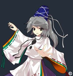 Rule 34 | 1girl, alphes (style), female focus, grey hair, hat, japanese clothes, kaoru (gensou yuugen-an), mononobe no futo, parody, ponytail, solo, style parody, touhou, wide sleeves
