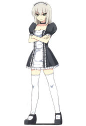 Rule 34 | 10s, 1girl, alternate costume, black dress, black footwear, blue eyes, breasts, choker, cleavage, closed mouth, collarbone, crossed arms, dress, enmaided, frilled dress, frills, full body, girls und panzer, highres, itsumi erika, long hair, maid, maid headdress, mary janes, medium breasts, puffy short sleeves, puffy sleeves, shoes, short sleeves, silver hair, simple background, solo, srwsrx (gp03dsrx), standing, thighhighs, white background, white thighhighs, zettai ryouiki