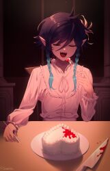 Rule 34 | 1boy, absurdres, annidrw, aqua hair, black hair, braid, cake, closed eyes, desk, fangs, food, fork, genshin impact, gradient hair, heart-shaped cake, highres, holding, holding fork, knife, long sleeves, male focus, multicolored hair, open mouth, pointy ears, puffy sleeves, shirt, smile, solo, table, twin braids, venti (genshin impact), white shirt