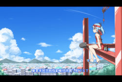 Rule 34 | 1girl, 2014, anime coloring, arm support, bare arms, bare legs, bare shoulders, blue eyes, blue hair, blue sky, blush, bottle, can, chinese clothes, cityscape, cloud, construction site, crane (machine), day, dudou, flag, flip-flops, foot dangle, from side, hair bobbles, hair ornament, hatsunatsu, headband, house, letterboxed, light smile, mountain, mountainous horizon, original, profile, red skirt, sandals, shovel, side-tie skirt, sitting, skirt, sky, solo, steel beam, translation request, twintails, worktool
