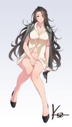 Rule 34 | 1girl, artist name, black footwear, black hair, blouse, breasts, collarbone, commentary request, fingernails, full body, gradient background, grey background, highres, holding, holding clothes, holding panties, holding underwear, idolmaster, idolmaster cinderella girls, invisible chair, jewelry, k52, legs, lips, long hair, looking at viewer, naked shirt, necklace, panties, unworn panties, parted lips, purple eyes, shirt, shoes, simple background, sitting, sleeveless, sleeveless shirt, smile, solo, takahashi reiko, underwear, very long hair, white shirt