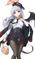 Rule 34 | 1girl, black hat, blue archive, eating, haruna (blue archive), hat, highres, jacket, koflif, long sleeves, looking at viewer, open clothes, open jacket, pantyhose, red eyes, shirt, simple background, smile, solo, white hair, white shirt