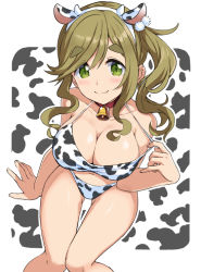 Rule 34 | 1girl, animal ears, animal print, bare shoulders, bell, bikini, blush, breasts, brown hair, cleavage, closed mouth, collar, collarbone, cow ears, cow horns, cow print, fake animal ears, fake horns, fang, female focus, green eyes, hair bobbles, hair ornament, horns, inuyama aoi, large breasts, long hair, looking at viewer, mirai denki, navel, neck bell, red collar, side ponytail, sitting, skin fang, smile, solo, swimsuit, thick eyebrows, yurucamp