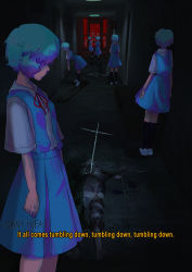 Rule 34 | 6+girls, absurdres, against wall, artist name, ayanami rei, blue hair, blue skirt, clone, cross, cry of fear, english text, highres, horror (theme), multiple girls, neon genesis evangelion, red ribbon, ribbon, school uniform, shaded face, short hair, short sleeves, skirt, standing, tokyo-3 middle school uniform