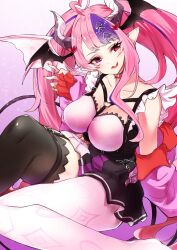 Rule 34 | 1girl, ahoge, airi rei, bat wings, black skirt, black thighhighs, blush, breasts, choker, cleavage, demon girl, demon horns, demon tail, demon wings, earrings, fang, grey horns, hair ornament, head wings, heart, heart ahoge, heart choker, heart earrings, heart hair ornament, heterochromia, highres, horns, ironmouse, ironmouse (13th costume), jacket, jewelry, large breasts, long hair, looking at viewer, multicolored clothes, multicolored hair, multicolored skirt, nail polish, off shoulder, open mouth, pink background, pink hair, pink jacket, pink shirt, pink skirt, pointy ears, purple eyes, purple hair, purple skirt, red choker, red eyes, red nails, shirt, single thighhigh, skin fang, skirt, smile, solo, spiked choker, spikes, streaked hair, tail, thighhighs, twintails, virtual youtuber, vshojo, wings