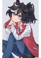 Rule 34 | 1girl, absurdres, animal ears, black footwear, black hair, blue eyes, closed mouth, commentary request, denim, hair between eyes, highres, horse ears, horse girl, horse tail, jacket, jeans, katsuragi ace (umamusume), long sleeves, looking at viewer, medium hair, multicolored hair, official alternate costume, on ground, open clothes, open jacket, pants, ponytail, prtn (ttnx), shirt, shoes, simple background, sitting, smile, sneakers, solo, streaked hair, tail, umamusume, white background, white hair, white shirt