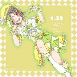 Rule 34 | 1girl, 417illustration, artist name, artist request, bare legs, blush, boots, bow, breasts, brown hair, collarbone, crescent, crescent hair ornament, cross-laced clothes, cross-laced dress, cross-laced footwear, diamond (love live!), dress, feathers, female focus, frilled dress, frills, green bow, green ribbon, grey hair, hair ornament, hat, hat feather, kogure shiina, leg up, light brown hair, looking at viewer, love live!, love live! nijigasaki high school idol club, love live! school idol festival, nakasu kasumi, one eye closed, parted lips, pointing, pointing at self, purple eyes, red eyes, ribbon, short hair, skirt, small breasts, smile, solo, star (symbol), star hair ornament, white feathers, white footwear, wrist cuffs, yellow bow, yellow dress, yellow hat, yellow ribbon, yellow skirt, yellow wrist cuffs