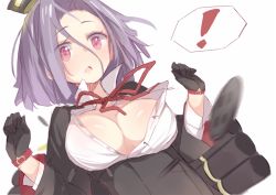 Rule 34 | !, 10s, 1girl, ?, black gloves, breasts, cleavage, d:, dress shirt, gloves, hair between eyes, halo, kantai collection, kojiki-life, mechanical halo, open clothes, open mouth, open shirt, popped button, purple hair, red eyes, shirt, simple background, solo, spoken question mark, tatsuta (kancolle), unbuttoned, wardrobe malfunction, white background