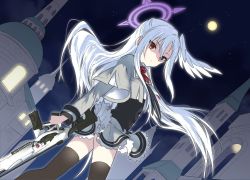 Rule 34 | 1girl, assault rifle, black thighhighs, blue archive, closed mouth, corset, cropped jacket, dutch angle, frilled skirt, frills, grey jacket, grey skirt, gun, head wings, holding, holding gun, holding weapon, jacket, layered sleeves, long hair, long sleeves, looking at viewer, moon, neck ribbon, night, nogiwa kaede, orange eyes, red ribbon, ribbon, rifle, shaded face, sig mcx, single head wing, skirt, solo, suzumi (blue archive), thighhighs, weapon, white hair, wings