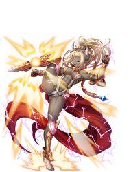Rule 34 | 1girl, abs, armor, artist request, awakening (sennen sensou aigis), bestla (sennen sensou aigis), blonde hair, bracer, brass knuckles, clenched hand, dark-skinned female, dark skin, fang, fighting stance, full body, greaves, high ponytail, highres, kicking, muscular, muscular female, official art, open clothes, orc, pointy ears, purple eyes, sennen sensou aigis, solo, standing, standing on one leg, transparent background, weapon