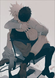 Rule 34 | 2boys, black footwear, black hair, black legwear, bluesy, boy on top, brown footwear, chair, closed eyes, clothed sex, condom, cowgirl position, full body, grey hair, hatake kakashi, highres, implied anal, implied sex, jacket, long sleeves, male focus, moaning, multiple boys, naruto (series), naruto shippuuden, open mouth, pants, paper, scar, scar across eye, scar on face, shoes, sitting, spiked hair, straddling, sweat, tank top, uchiha obito, used condom, yaoi
