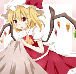 Rule 34 | 1girl, :o, ascot, bed sheet, blonde hair, fang, flandre scarlet, frilled skirt, frills, hachimi, hat, hat ribbon, highres, mob cap, puffy short sleeves, puffy sleeves, red eyes, ribbon, sheet grab, short hair, short sleeves, side ponytail, skirt, touhou, wings