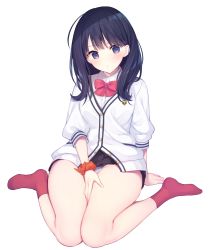 Rule 34 | 1girl, arm support, black hair, black skirt, blush, bow, bowtie, breasts, buttons, cardigan, closed mouth, collared shirt, commentary request, emblem, full body, gridman universe, highres, long hair, long sleeves, looking at viewer, medium breasts, microskirt, miko (royal milk), no shoes, panties, panty peek, partially unbuttoned, pleated skirt, purple eyes, red bow, red bowtie, red socks, school uniform, scrunchie, shirt, simple background, sitting, skirt, socks, solo, ssss.gridman, takarada rikka, thighs, undershirt, underwear, wariza, white background, white cardigan, white panties, white shirt, wrist scrunchie