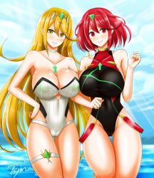 Rule 34 | 2020, 2girls, blonde hair, blush, breasts, cameltoe, cleavage, competition swimsuit, dated, dual persona, female focus, gem, hair ornament, headpiece, highres, hisin, huge breasts, jewelry, large breasts, long hair, looking at viewer, matching hair/eyes, multiple girls, mythra (xenoblade), nintendo, one-piece swimsuit, pyra (xenoblade), red eyes, red hair, short hair, shy, signature, smile, standing, swept bangs, swimsuit, thigh gap, thigh strap, thighs, tiara, xenoblade chronicles (series), xenoblade chronicles 2, yellow eyes