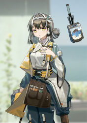 Rule 34 | 1girl, absurdres, arknights, belt, black hair, blurry, blurry background, chinese commentary, commentary request, cowboy shot, hand up, highres, jueduizhi, charm (object), long sleeves, looking at viewer, magallan (arknights), multicolored hair, pants, parted lips, pocket, short hair, solo, standing, streaked hair, emperor (arknights), white hair, yellow eyes