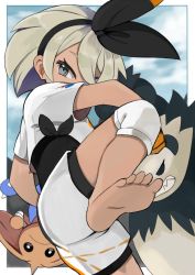 Rule 34 | 1girl, barefoot, bea (pokemon), black bodysuit, black hairband, blonde hair, bodysuit, bodysuit under clothes, border, bow hairband, collared shirt, commentary request, creatures (company), cu-sith, game freak, gen 2 pokemon, gen 6 pokemon, grey eyes, gym leader, hair between eyes, hairband, hitmontop, knee pads, leg up, looking at viewer, nintendo, outside border, pangoro, pokemon, pokemon (creature), pokemon swsh, shirt, short hair, short sleeves, shorts, soles, toes, white border, white shorts