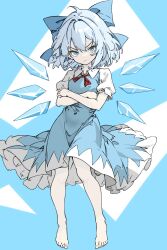 Rule 34 | 1girl, barefoot, blue bow, blue dress, blue eyes, blue hair, bow, cirno, closed mouth, detached wings, dress, fairy, feet, full body, hair between eyes, hair bow, highres, ice, ice wings, looking at viewer, pi t w o, puffy short sleeves, puffy sleeves, shirt, short hair, short sleeves, solo, toes, touhou, white shirt, wings