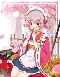 Rule 34 | 1girl, :d, agyou komako, animal ears, apron, artist name, blush, cherry blossoms, commentary request, crossed bangs, cup, dakuryuu, dog ears, dog girl, eating, floppy ears, food, frilled skirt, frills, highres, indie virtual youtuber, long sleeves, maid, maid headdress, open mouth, outdoors, pink eyes, pink hair, ribbon-trimmed sleeves, ribbon trim, sakura mochi, short eyebrows, short twintails, sitting, skirt, smile, solo, twintails, virtual youtuber, wa maid, wagashi, white apron, wide sleeves, yunomi