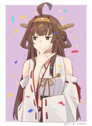 Rule 34 | 1girl, ahoge, border, brown hair, closed mouth, confetti, dated, detached sleeves, double bun, hair bun, hand on own chin, headgear, ichiroku (sakumogu-029), kantai collection, kongou (kancolle), long hair, nontraditional miko, raised eyebrow, ribbon-trimmed sleeves, ribbon trim, signature, simple background, solo, upper body, very long hair, wide sleeves
