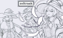 Rule 34 | 3girls, :d, absurdres, braid, capelet, commentary, crossover, egalo, elaina (majo no tabitabi), energy ball, english commentary, english text, genshin impact, greyscale, hand on own hip, hat, highres, holding, holding staff, long hair, looking to the side, mage staff, majo no tabitabi, mona (genshin impact), monochrome, multiple crossover, multiple girls, mushoku tensei, open mouth, own hands together, roxy migurdia, simple background, smile, speech bubble, staff, upper body, white background, witch hat