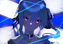 Rule 34 | 1girl, asymmetrical hair, beret, black choker, blue eyes, blue hair, choker, commentary request, hair between eyes, hair ribbon, hat, highres, hololive, hoshimachi suisei, hoshimachi suisei (1st costume), looking at viewer, ribbon, saco (cgmore), side ponytail, solo, star (symbol), star choker, star in eye, symbol in eye, virtual youtuber