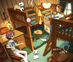 Rule 34 | 2girls, anchor, bed, brown hair, bunk bed, cat, chair, commission, curtains, dated, desk, desk lamp, grey shirt, index finger raised, lamp, long sleeves, multiple girls, open mouth, original, pants, paper, pencil, pixiv commission, profile, shadow, shirt, short hair, short sleeves, signature, sitting, smile, socks, tao (tao15102), white cat, white pants, white shirt, window