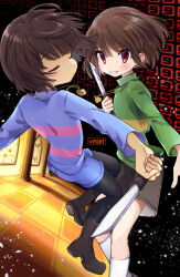 Rule 34 | 2others, ahoge, black pantyhose, blue shorts, blue sweater, blunt bangs, blush, boots, brown footwear, brown hair, brown shorts, chara (undertale), checkered floor, closed mouth, denim, denim shorts, english text, feet out of frame, fingernails, frisk (undertale), from behind, green sweater, grin, hallway, hand out of frame, heart, heart necklace, highres, holding, holding knife, jewelry, kneehighs, knife, leftporygon, multiple others, necklace, outstretched arm, outstretched arms, pantyhose, pillar, pink sweater, short hair, shorts, smile, socks, striped clothes, striped sweater, sweater, turtleneck, turtleneck sweater, undertale, white socks, window, yellow sweater