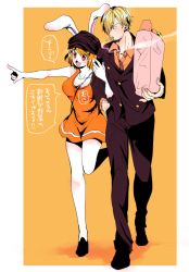 Rule 34 | 1boy, 1girl, bag, blonde hair, carrot (one piece), groceries, hands in pockets, one piece, paper bag, pointing, rabbit girl, sanji (one piece)